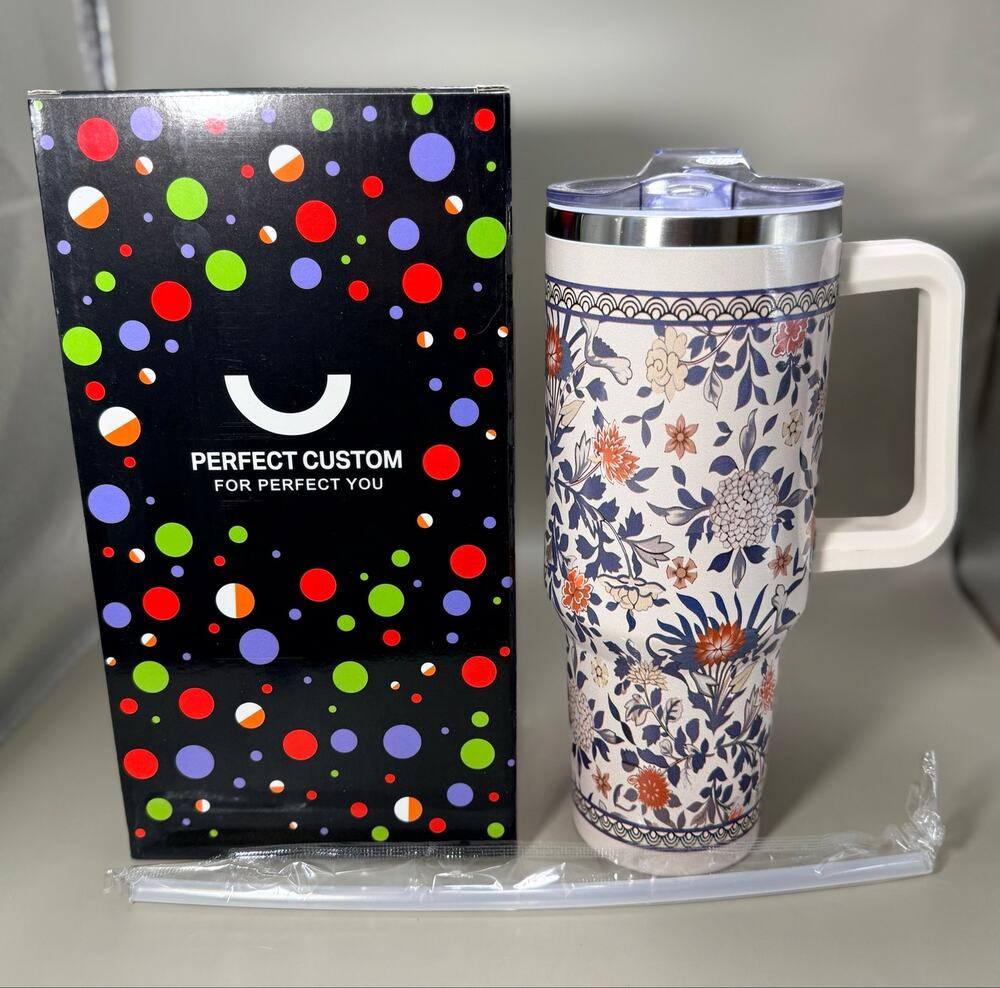 New custom insulated stainless steel tumbler. 40 OZ floral Design.